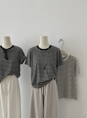 云朵设计夏上新经典天丝条纹宽松短袖T恤2634b
