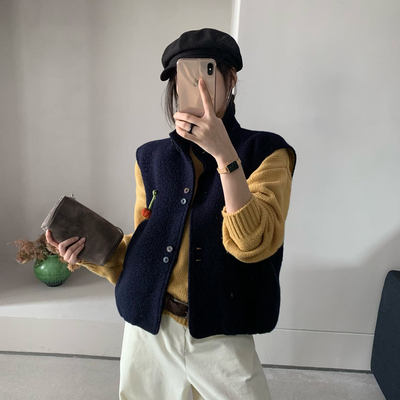 云朵秋新款韩标韩系立领南瓜装饰叠穿羊羔毛马甲含80羊毛MM26