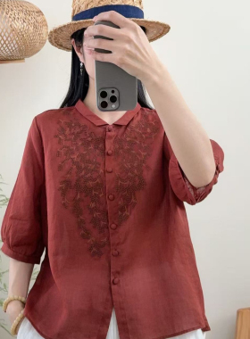云朵设计小众袖单排扣衬衫短款刺绣纯苎麻半袖小衫上衣衬衫云Y912