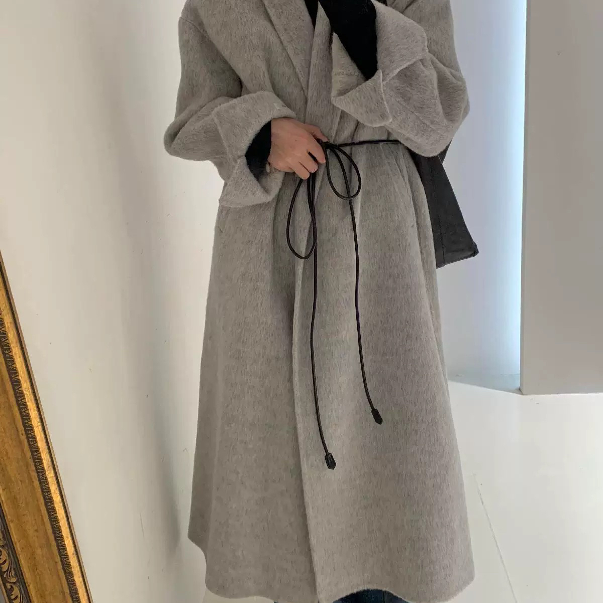 YO云朵赫本风双面呢修身长款羊毛外套(配腰绳)（含70绵羊毛）5099