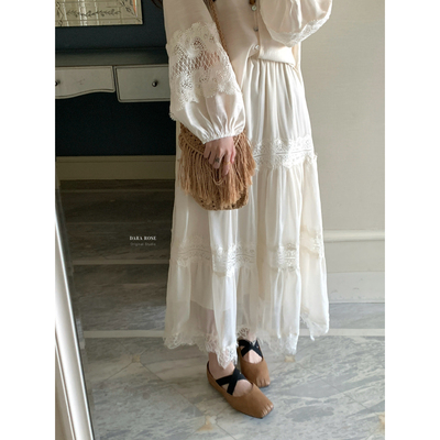 云朵设计蕾丝花边拼接高腰显瘦温柔仙女裙蛋糕长裙半身裙S09095