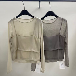 k560 吊带背心两件套套装 云朵设计懒风层次感拼接宽松长袖 上衣