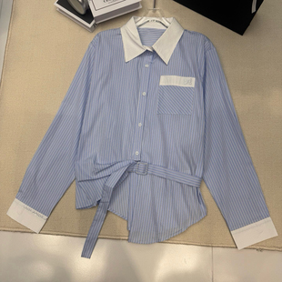 云朵设计26年春款 Q384 小众设计师潮牌条纹拼色重工烫钻衬衫