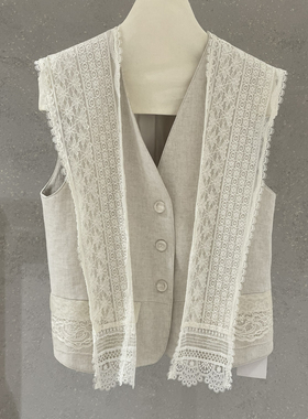 云朵年夏上新高端线法国进口55亚麻蕾丝拼接V领马甲(配披肩)OH030