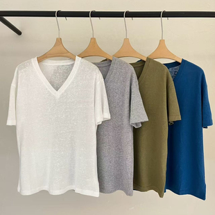 云朵家26年夏上新简约纯色V领宽松短袖 T恤W6089