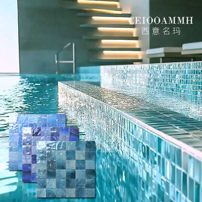 网红高档游泳池水晶玻璃马赛克蓝色浴池水池泡池温泉池水波纹瓷砖