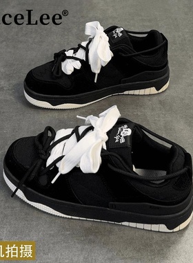 FaceLee日本设计师板鞋男秋冬休闲厚底潮流黑色面包鞋男透气鞋潮