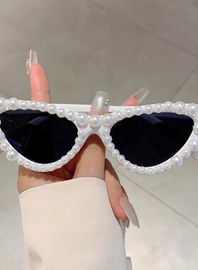 跨境新款猫眼小框镶珍珠时尚太阳眼镜潮流百搭高级感派对聚会墨镜