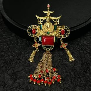 镶钻胸针饰品 青岛中古镀金人物红琉璃流苏吊坠胸针古风东方经典