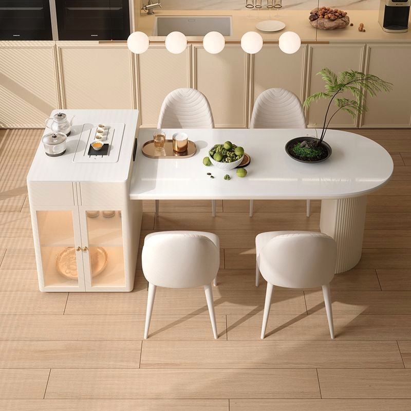 现代简约奶油风岩板岛台餐桌一体小户型家用泡茶桌可伸缩中导台