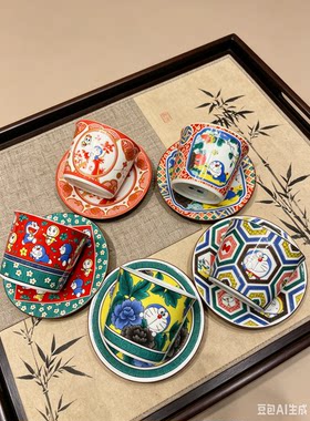 日本九谷烧叮当猫茶杯哆啦a梦水杯五色杯碟套装送人童心怀旧实用
