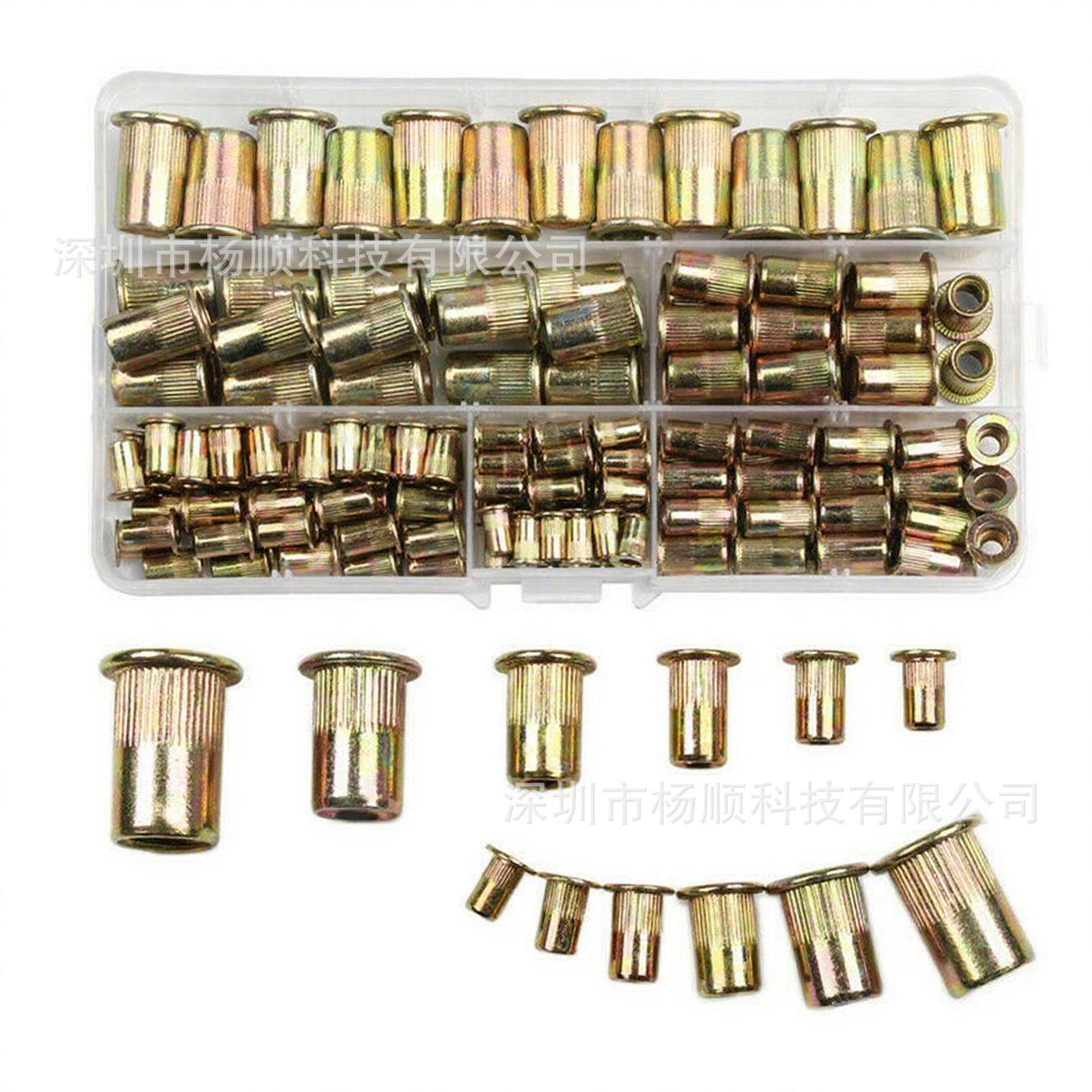 跨境175pcs盒装平头竖纹螺帽柳钉碳钢彩锌拉铆螺母M3-M10组合套装