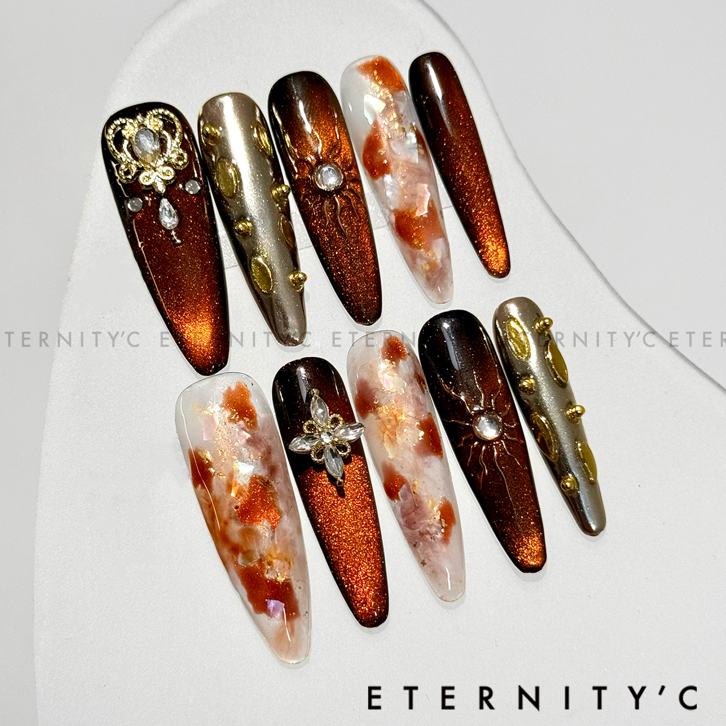 C+鎏金琥珀 猫眼手工长款焦糖棕轻奢高级钻饰秋冬显白美甲穿戴甲
