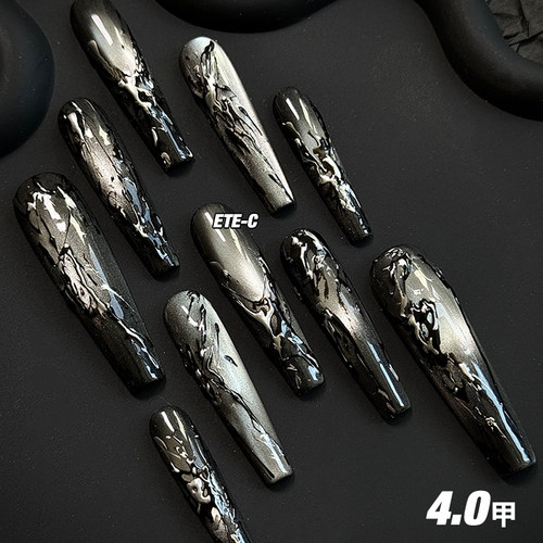 C+液态黑镜 美甲穿戴甲亚文化黑银手工猫眼黑色重工长款暗黑高级