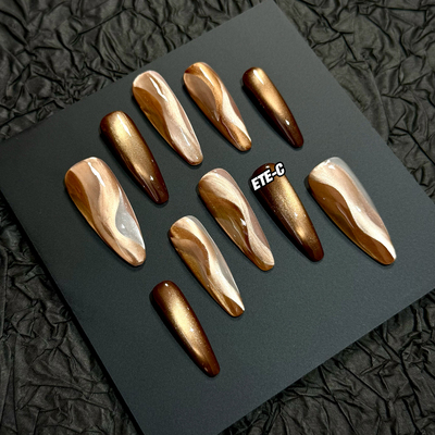 C+ 金棕漾波 美甲穿戴甲新款手工重工秋冬裸色轻奢高级绝美中长款