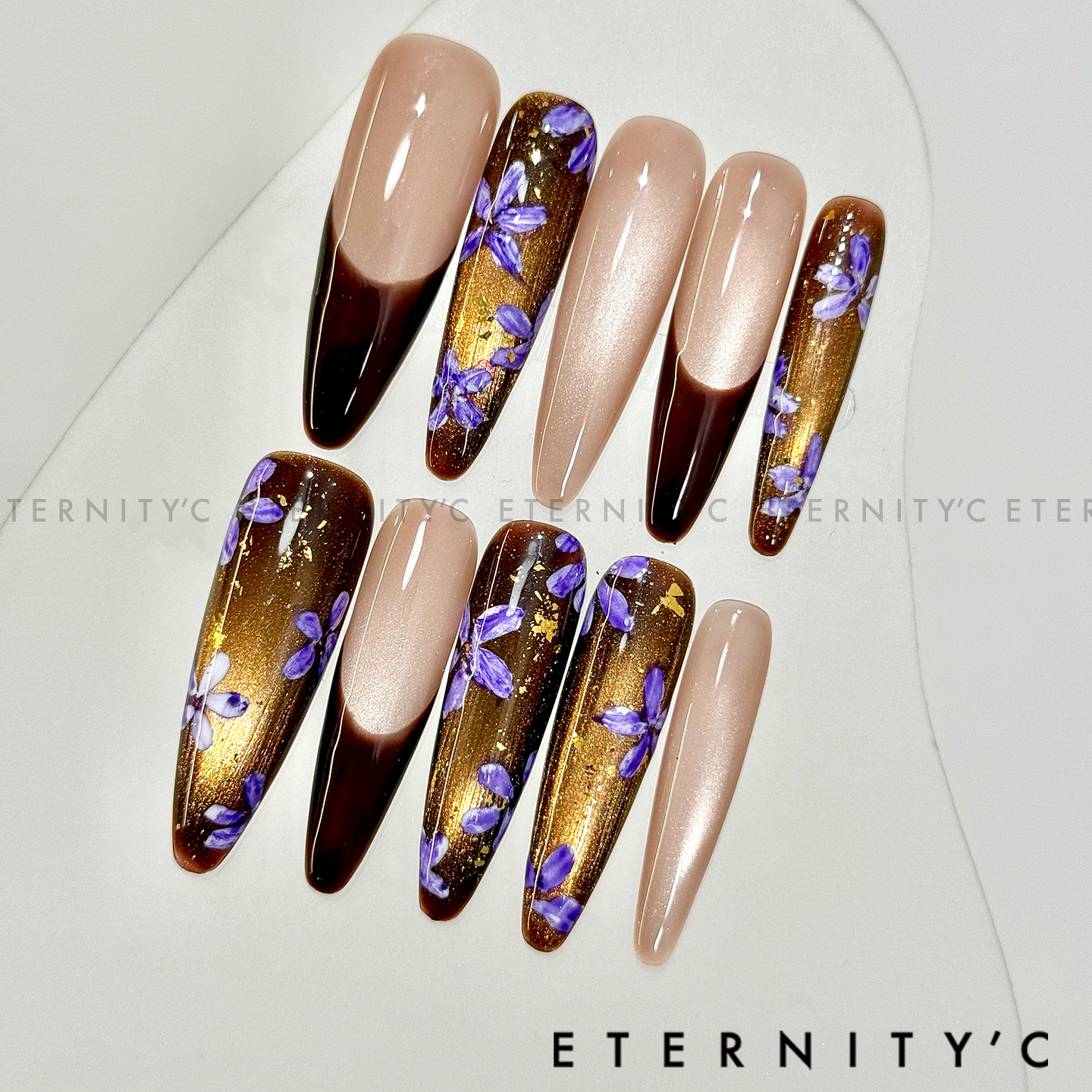 C+摩卡紫星 美甲穿戴甲花朵手绘紫色粉棕色猫眼显白法式秋冬手工