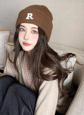 韩版简约百搭针织帽秋冬季字母R标毛线帽男女同款防寒保暖套头帽