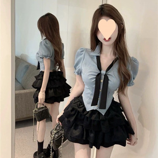 纯欲辣妹制服两件套衬衫 短款 上衣蛋糕蓬蓬裙高腰显瘦字短裙套装