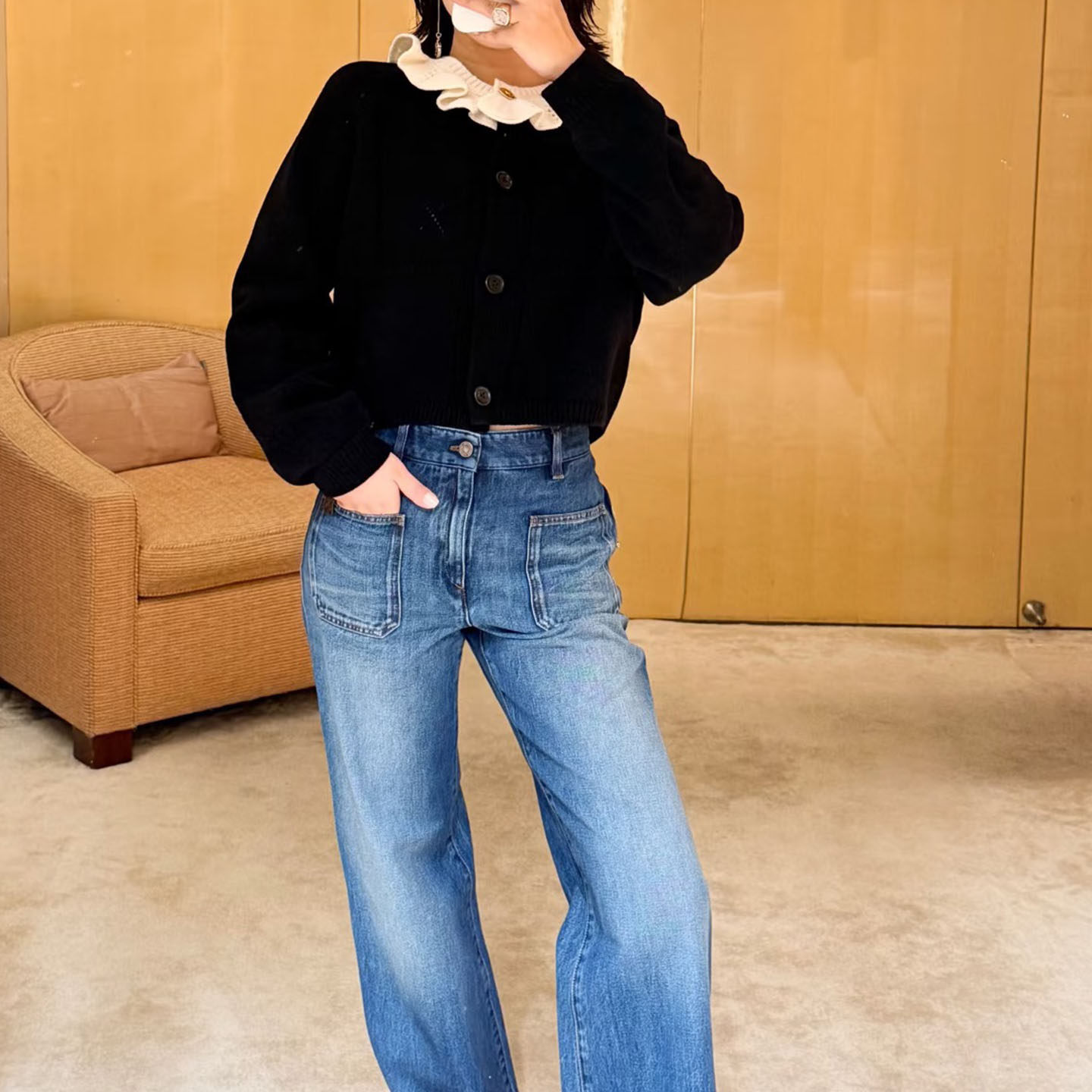 米米高定】羊毛面料 荷叶花边领撞色小短款长袖针织开衫 上衣 女