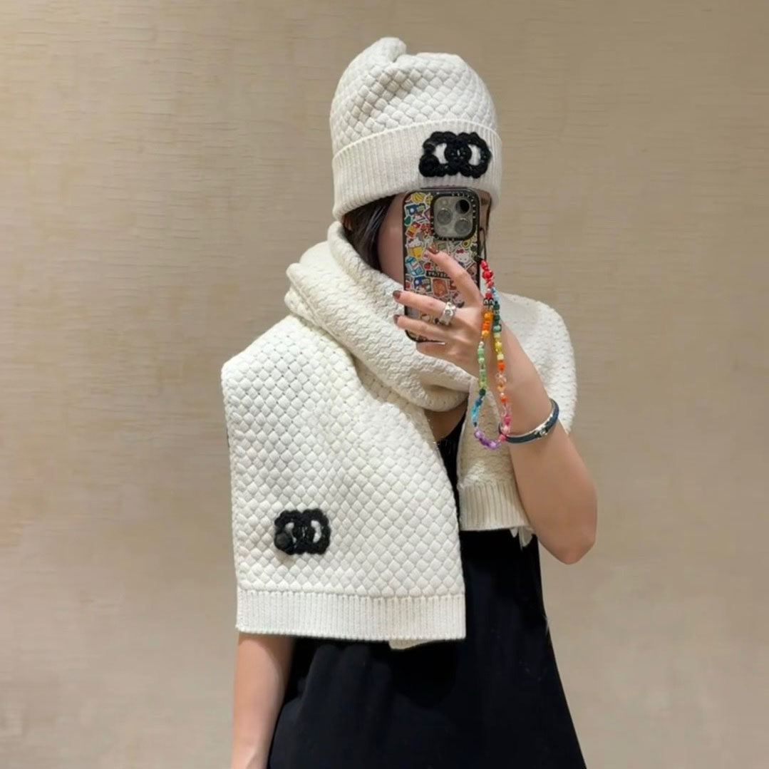 米米高定】山羊绒面料 菠萝纹提花针织冷帽 保暖围巾披肩 一套 女