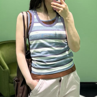 26年春夏新款 减龄百搭 显瘦上衣 无袖 圆领条纹撞色棉质背心