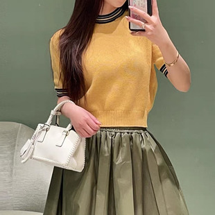 26年新款 边拼色鹅黄色圆领短袖针织衫 羊绒混纺 短款套头上衣 女