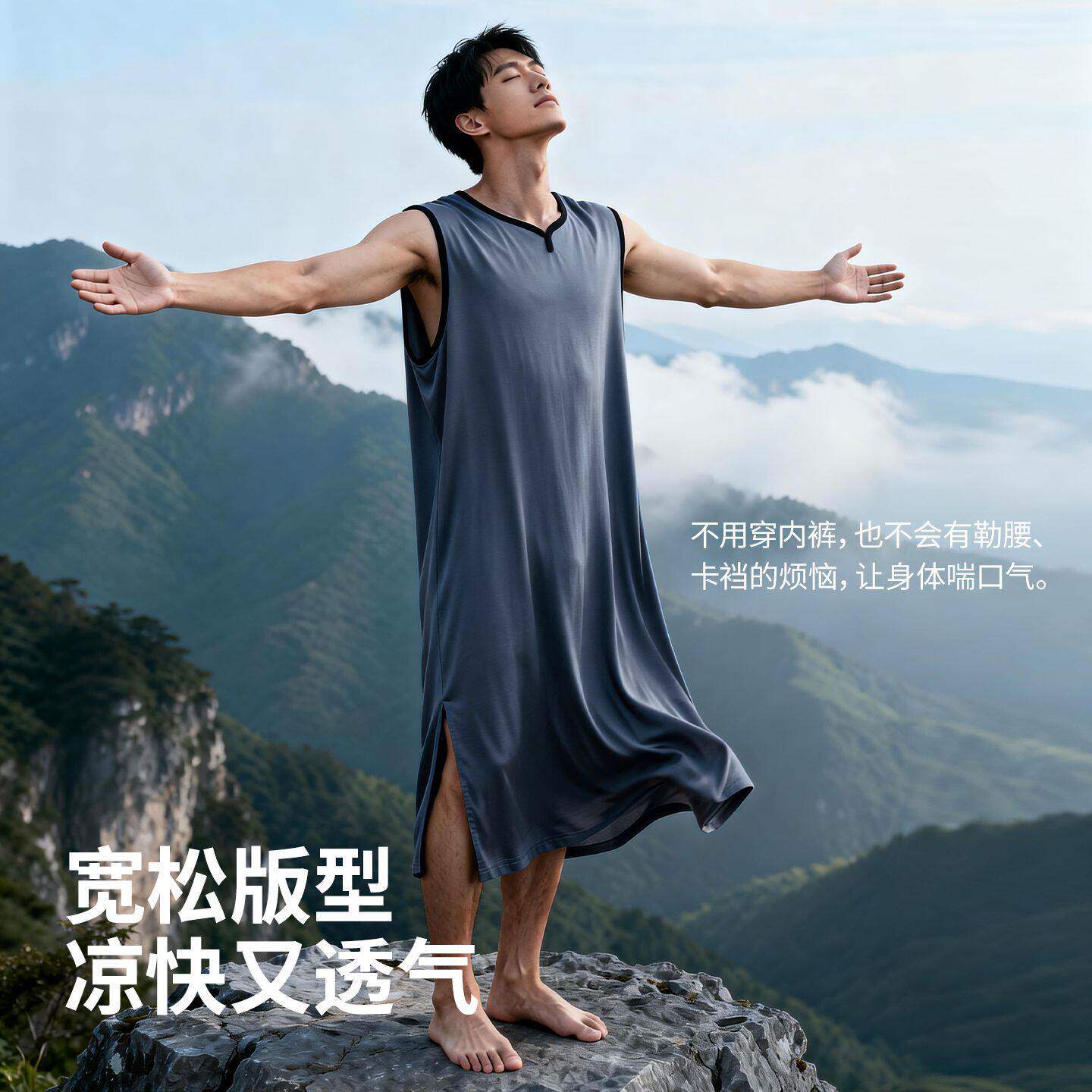 男士一体式睡衣夏季薄款莫代尔睡裙宽松背心裙长款睡袍裸感家居服