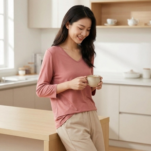 莫代尔七分袖T恤女夏季薄款V领上衣宽松打底衫纯色简约大码上衣