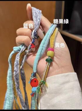 棉麻布艺手工项炼民族风彩色百搭缠绕手錬搭彩石陶瓷坠短款锁骨炼
