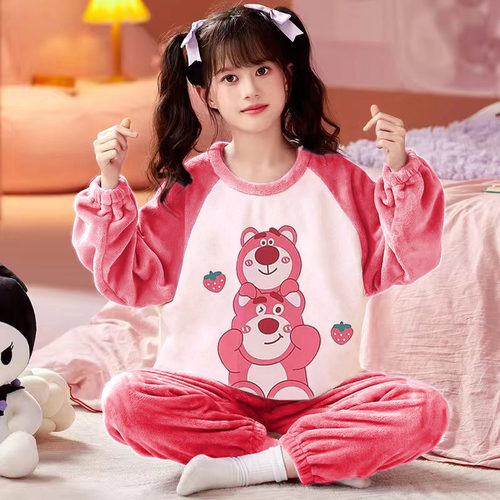 冬季新款儿童睡衣秋冬款女童法兰绒中大童长袖套装女孩宝宝家居服