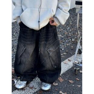 小杰家2025冬季新款男童美式覆古水洗做旧多口袋工装加绒牛仔裤