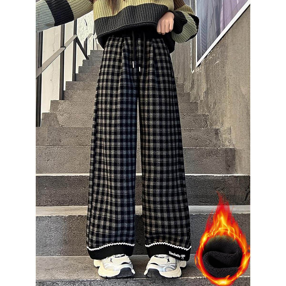 女童裤子冬季加绒加厚格子阔腿裤儿童宽松洋气中大童保暖直筒冬裤