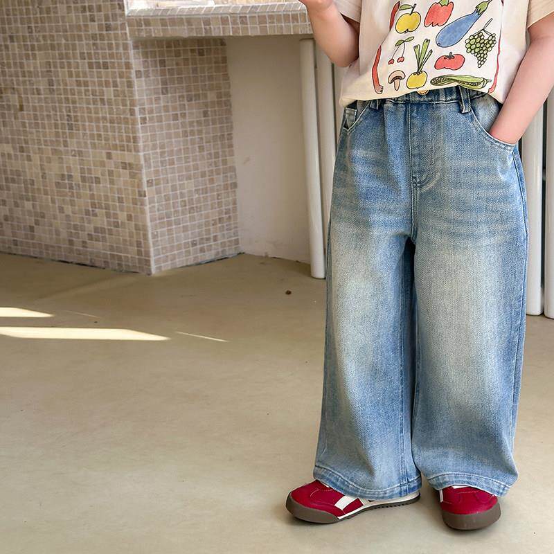 儿童韩版柔软覆古磨白直筒牛仔裤夏季新款女童韩版洋气裤子