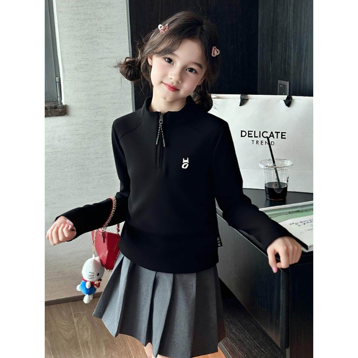 儿童长袖t恤早秋洋气黑白色卫衣女孩纯棉女童春秋超好看韩系上衣