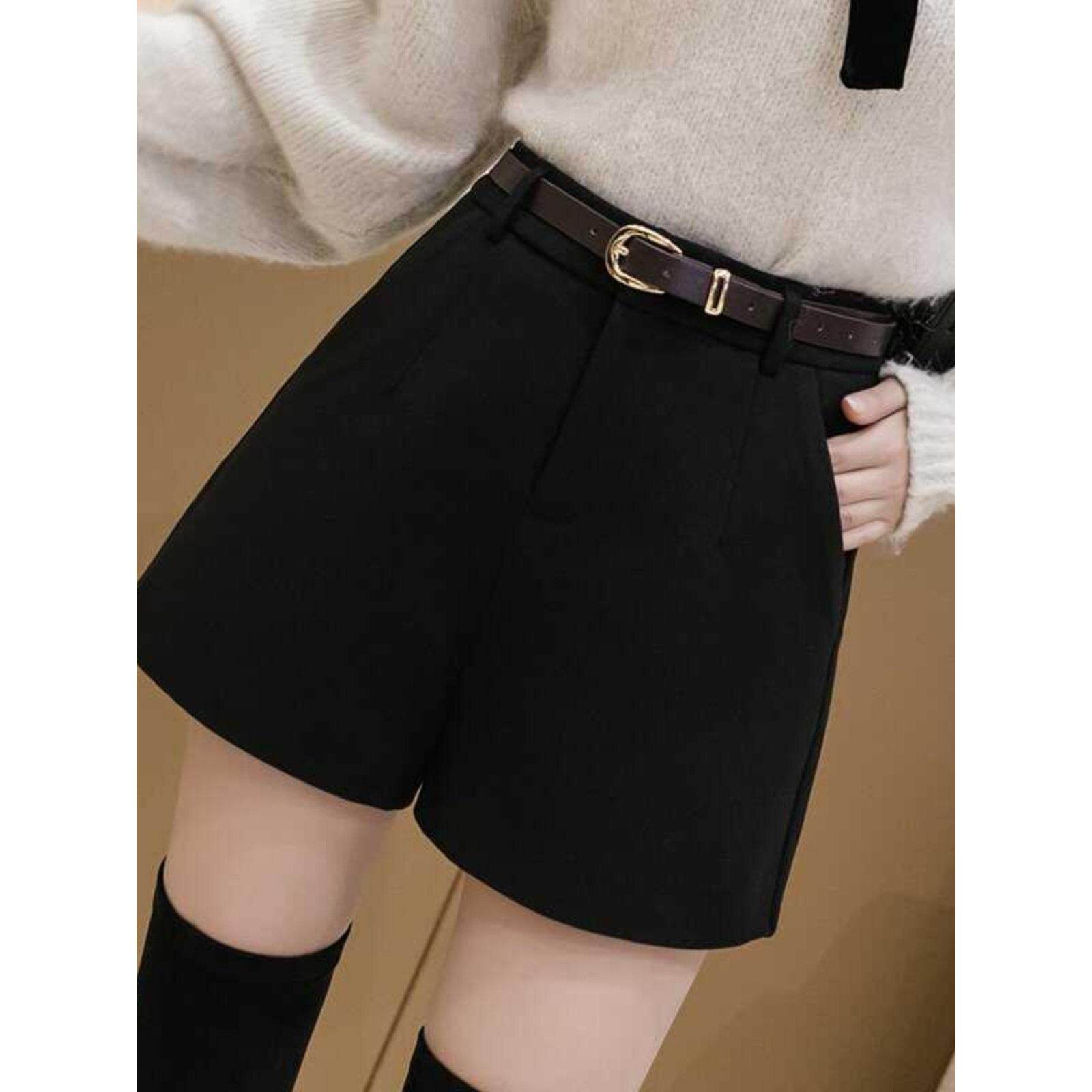 毛呢短裤女秋冬外穿高腰2025新款韩版显瘦a字打底阔腿短裤配靴子