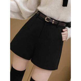 毛呢短裤女秋冬外穿高腰2025新款韩版显瘦a字打底阔腿短裤配靴子