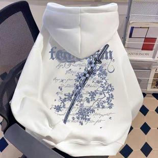 美式覆古vintage花剑印花连帽卫衣男女童秋冬高街加绒学生上衣
