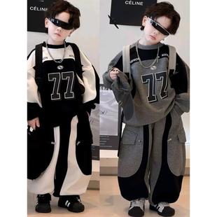 男童秋冬套装2025新款帅气时髦儿童韩版字母拼色卫衣加绒两件套潮