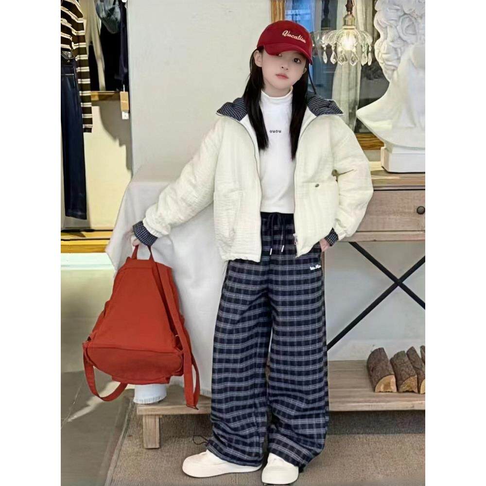 韩版连帽绗棉拼接短款外套女童秋冬新款宽松休闲二棉夹克轻薄棉衣