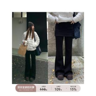 红人馆黑色加绒裤子女2025新款冬季流行加厚休闲裤超火微喇阔腿裤