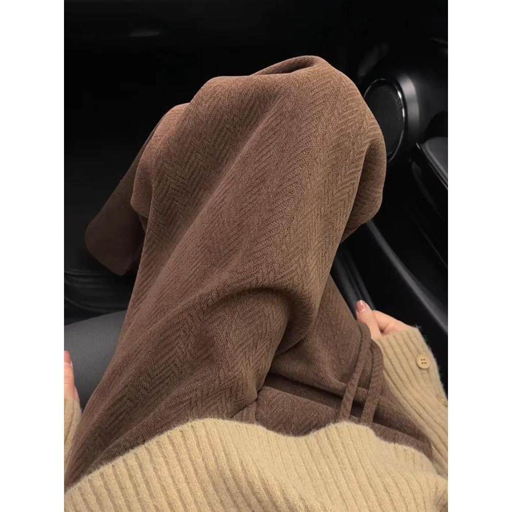 大码加绒加厚咖色休闲阔腿裤女秋冬胖MM高腰遮肉显瘦宽松直筒裤子