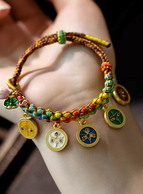 直播供货爆款五路财神桃花结手绳藏式精编民族风唐卡手链可调节