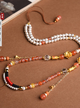 南红蜜蜡珍珠白水晶多宝项链绳女款民族风复古吊坠绳流苏珠宝挂绳