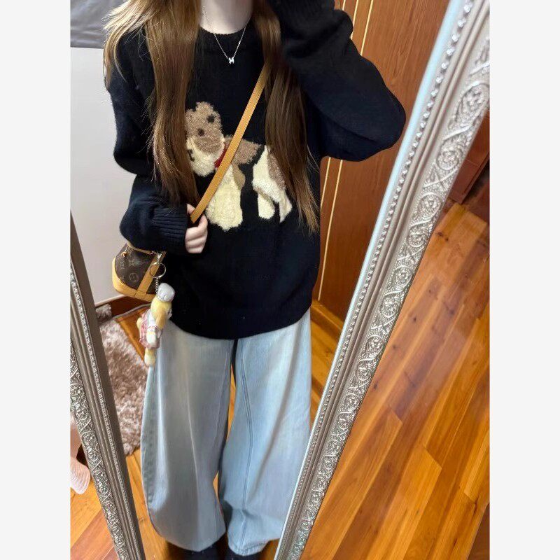 国潮牌秋冬新款针织衫女休闲宽松时尚毛绒小狗提花毛衣慵懒风上衣