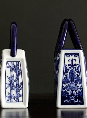 新中式青花布袋花盆花瓶家居客厅青花瓷装饰品插花器中式陶瓷摆件