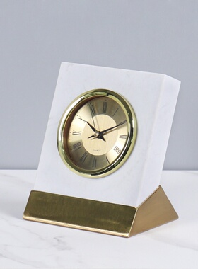 轻奢高档天然大理石金属时钟摆件创意家居酒店客厅卧室钟表饰品