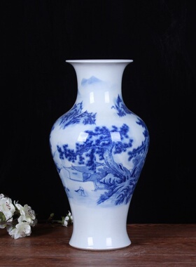 陶瓷装饰花瓶摆件 釉下彩山水青花花瓶花插现代家居时尚装饰摆设