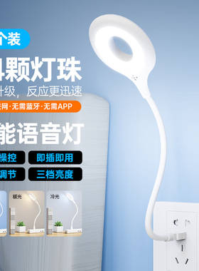 人工智能语音台灯控制灯USB声控灯感应灯led插口小夜灯一体床头灯插电既可声控唤醒限时 两个装