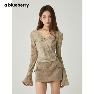 上衣 ablueberry 辣妹晕染扭结复古长袖 T恤女2025春秋新款 喇叭袖