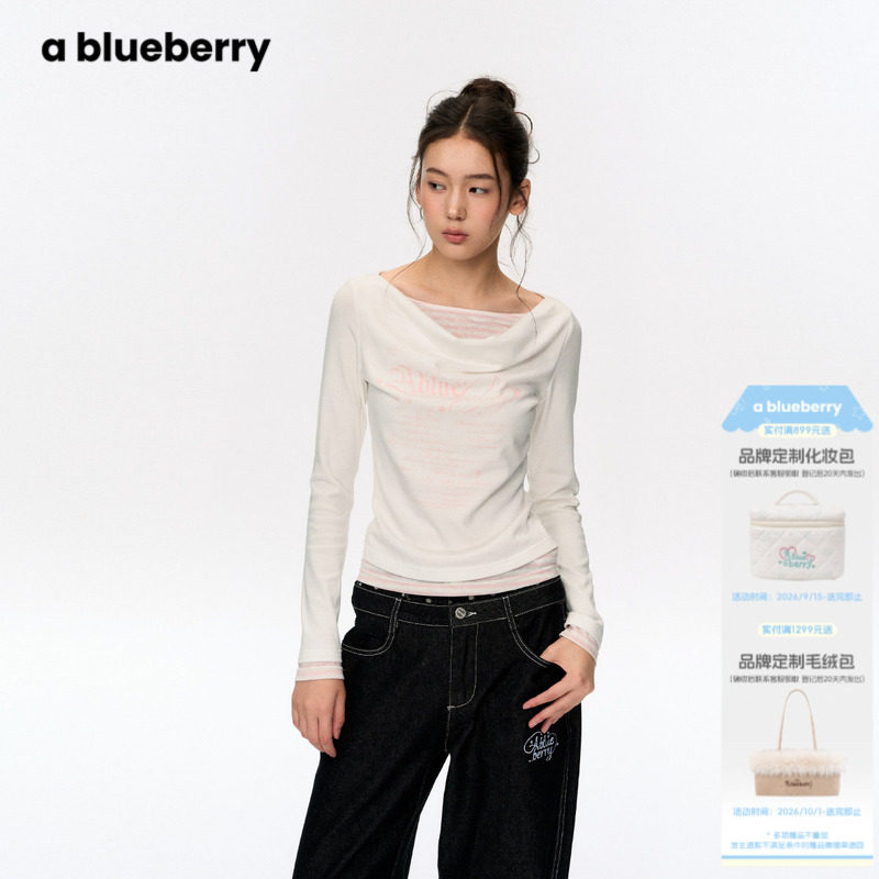 ablueberry 假两件条纹小衫上衣女2026秋季韩系松弛感荡领长袖t恤